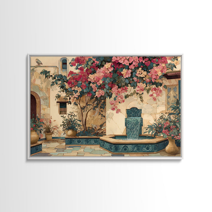 Bougainvillea Cascading over Stone Wall Canvas Print, Mediterranean Art, Watercolor Painting, Living Room Decor, Azure, MAR-3x2-33