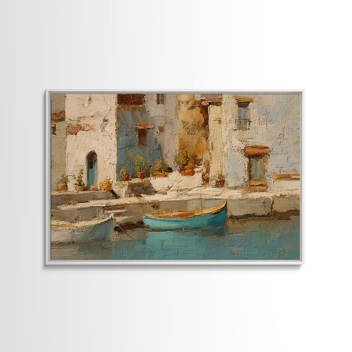 Coastal Fishing Boats Framed Canvas Print, Mediterranean Art, Nautical Decor, Living Room Decor, Azure, Coastal Wall Decor, MAR-3x2-35