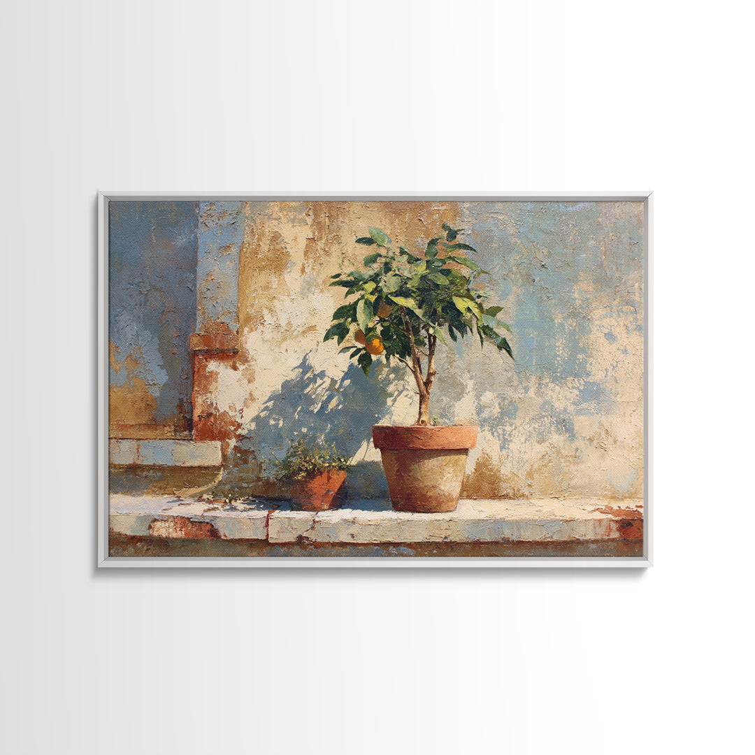 Citrus Tree in Clay Pot Canvas Print, Mediterranean Art, Digital Print, Living Room Decor, Fine Art, Azure, Coastal Decor, MAR-3x2-38