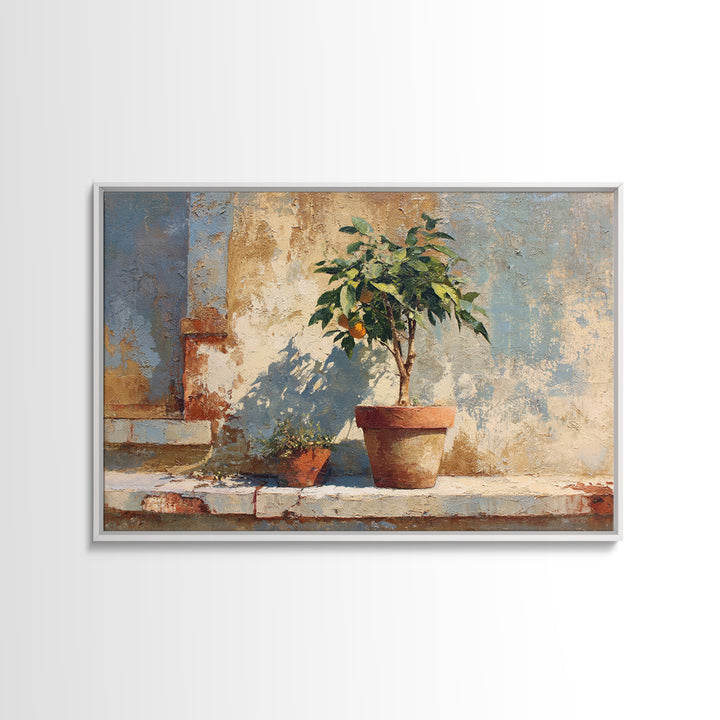Citrus Tree in Clay Pot Canvas Print, Mediterranean Art, Digital Print, Living Room Decor, Fine Art, Azure, Coastal Decor, MAR-3x2-38