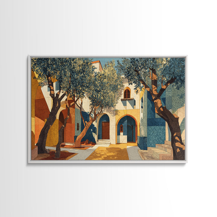 Olive Grove under Pale Morning Light Framed Canvas Print, Mediterranean Art, Nautical Decor, Living Room Decor, Fine Art, Azure, MAR-3x2-45