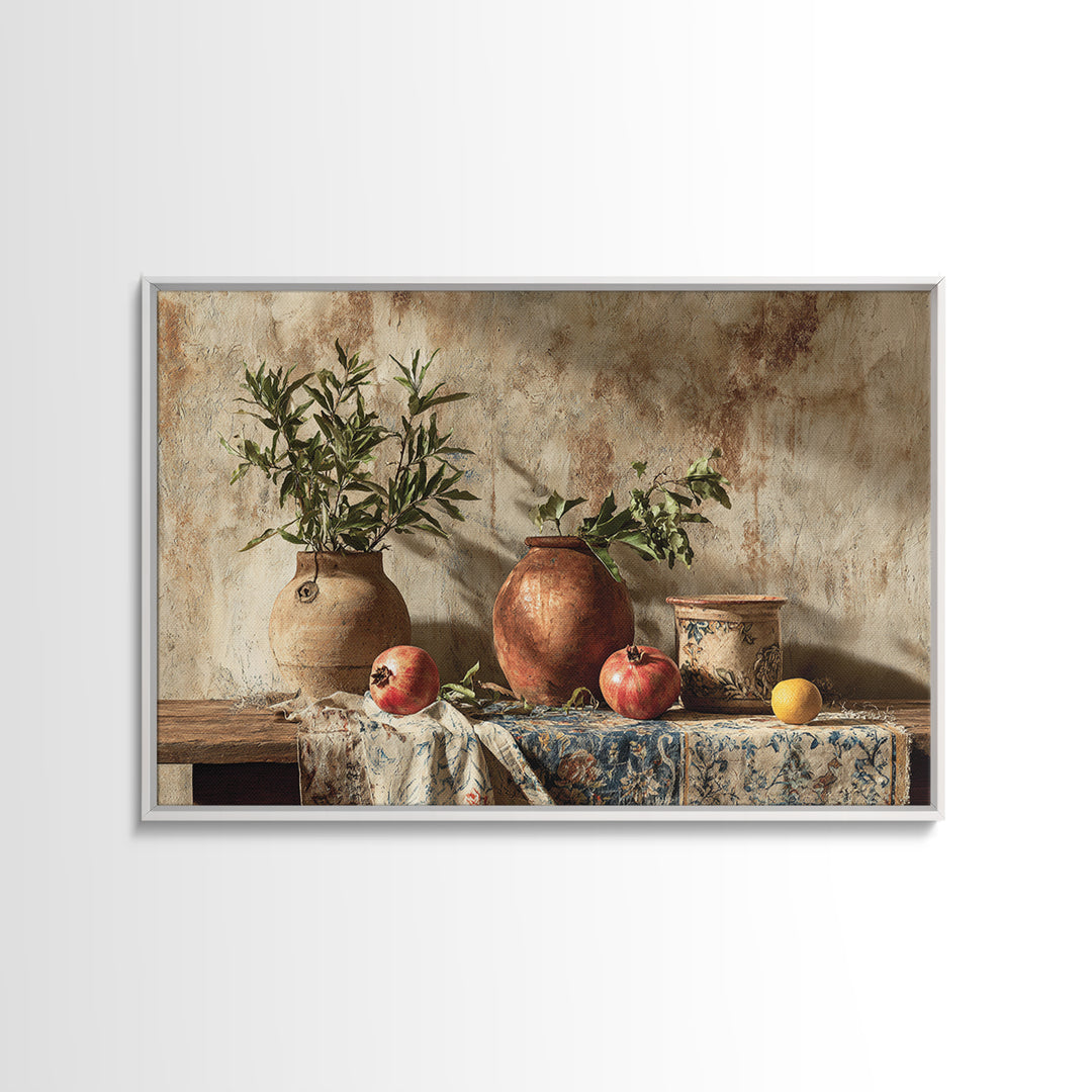 Pomegranate Still Life Framed Canvas Print, Mediterranean Art, Living Room Art, Living Room Decor, Oil Painting, Azure, MAR-3x2-47