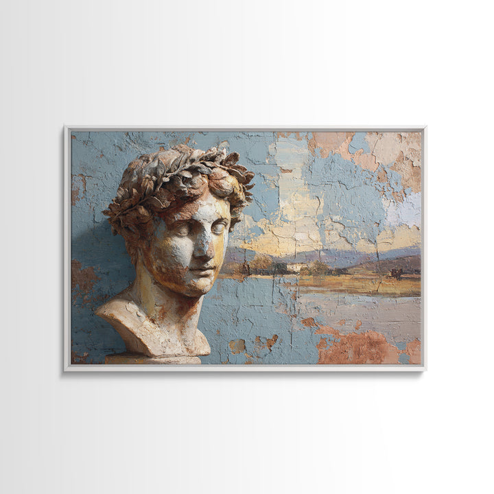 Roman Statue Bust Framed Canvas Print, Mediterranean Art, Farmhouse Decor, Living Room Decor, Oil Painting, Azure, MAR-3x2-50