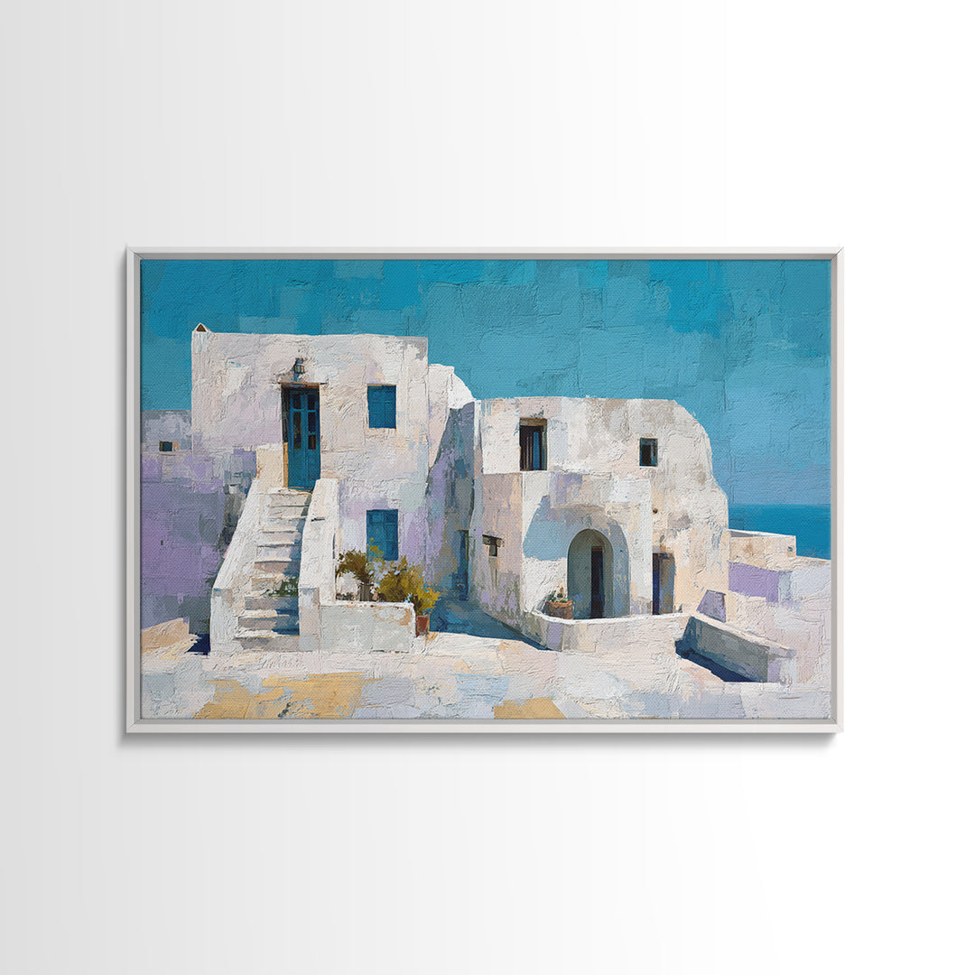 Greek Island White Buildings Above Blue Sea Canvas Print, Mediterranean Art, Digital Art Prints, Living Room Decor, Azure, MAR-3x2-53