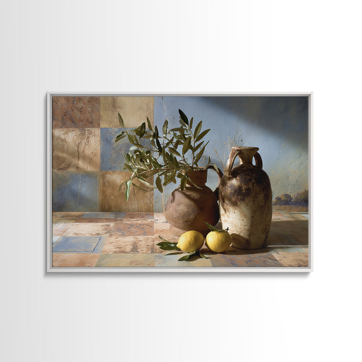 Olive Branch and Lemons on Terracotta Ground Canvas Print, Mediterranean Art, Horizontal Wall Art, Living Room Decor, Azure, MAR-3x2-54