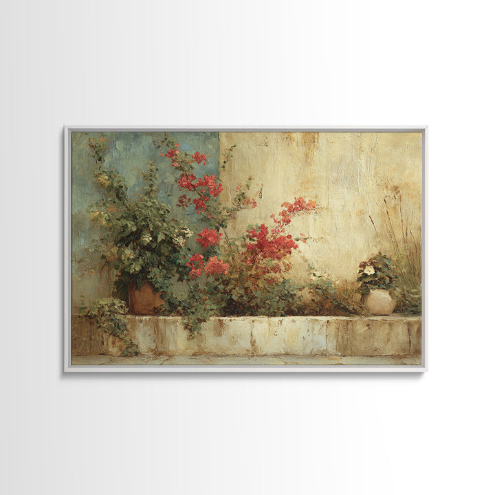 Bougainvillea Cascading over Stone Wall Canvas Print, Mediterranean Art, Watercolor Painting, Living Room Decor, Azure, MAR-3x2-57