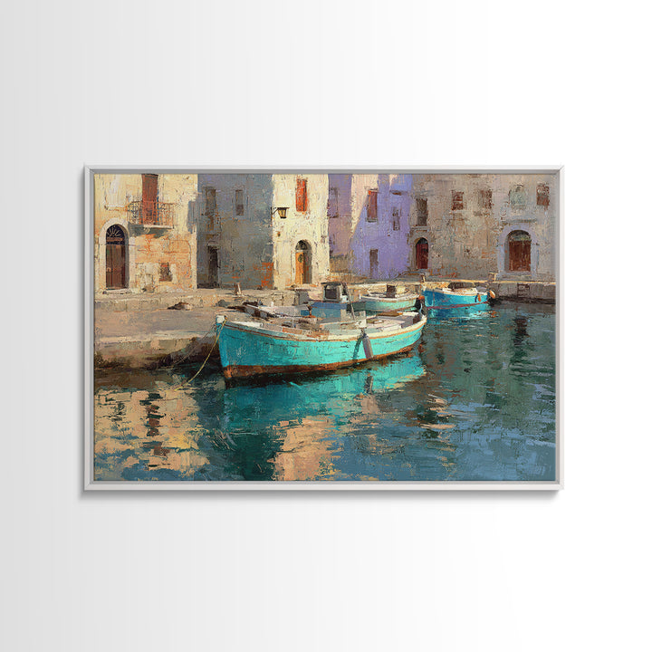 Coastal Fishing Boats Framed Canvas Print, Mediterranean Art, Beach Prints, Living Room Decor, Oil Painting, Azure, Art Print, MAR-3x2-59