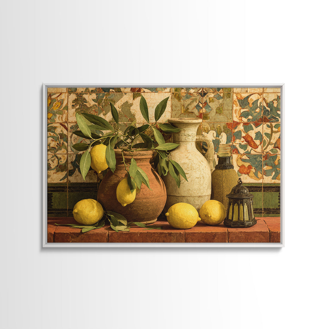 Olive Branch and Lemons on Terracotta Ground Framed Canvas Print, Mediterranean Art, Large Wall Art, Living Room Decor, Azure, MAR-3x2-6