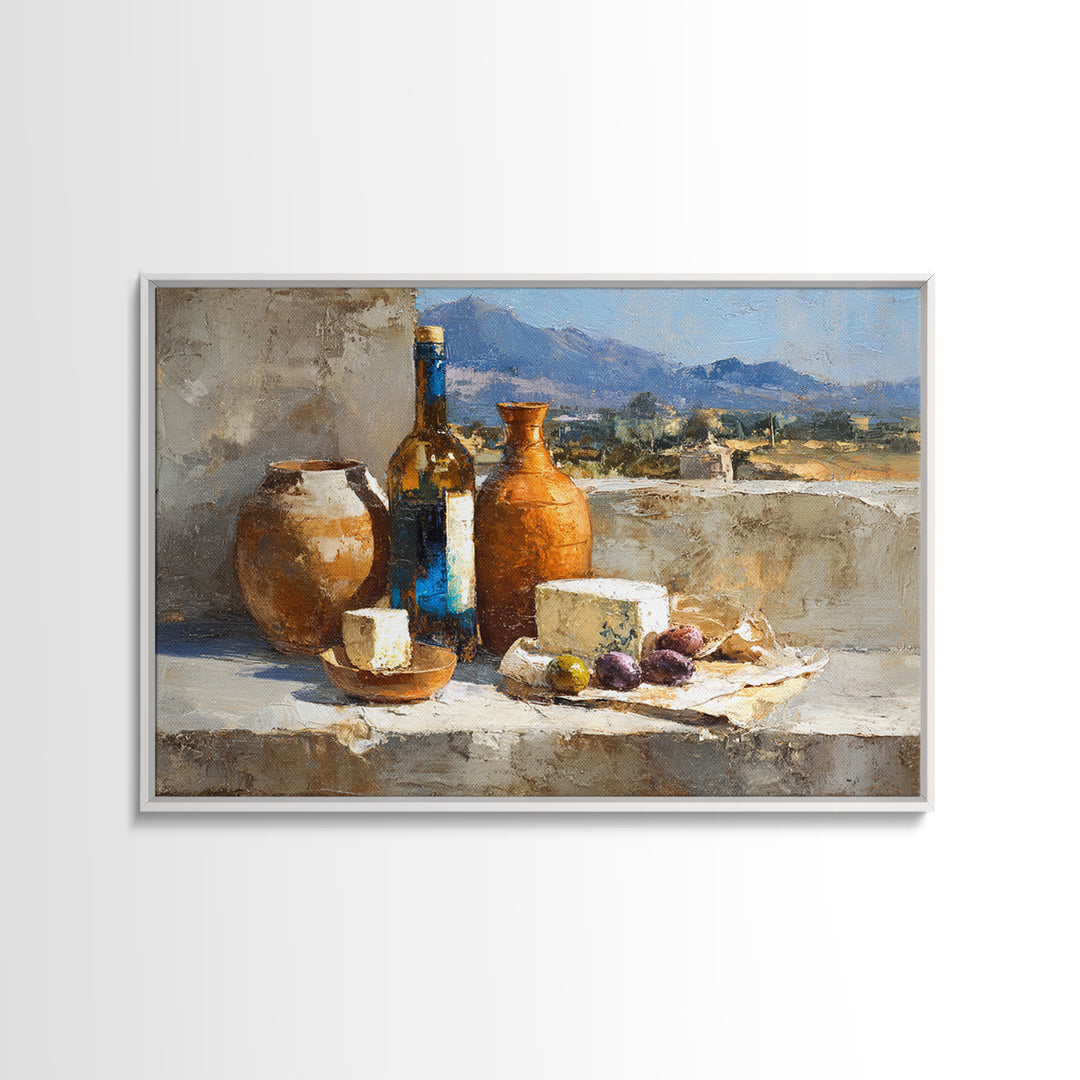 Figs Olives and Cheese Still Life Framed Canvas Print, Mediterranean Art, Minimalist Wall Art, Living Room Decor, Azure, MAR-3x2-60