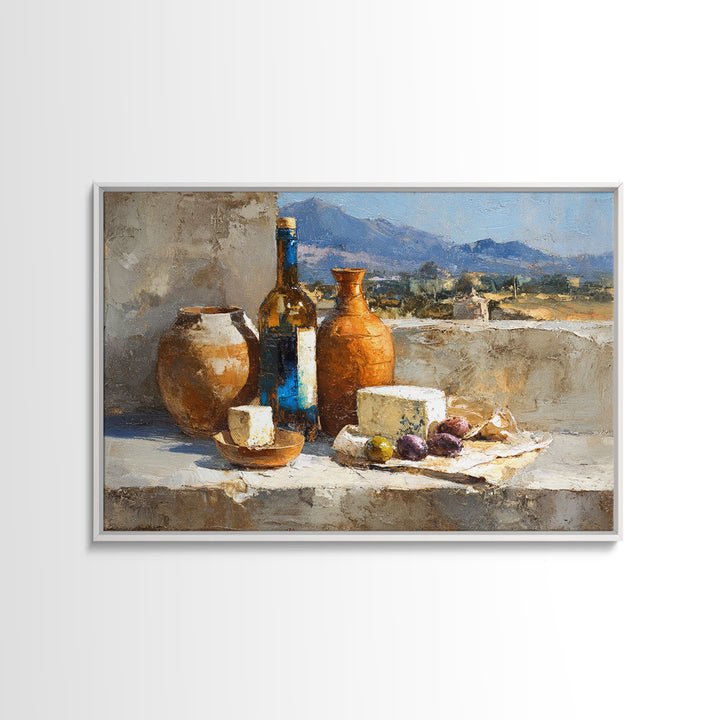 Figs Olives and Cheese Still Life Framed Canvas Print, Mediterranean Art, Minimalist Wall Art, Living Room Decor, Azure, MAR-3x2-60