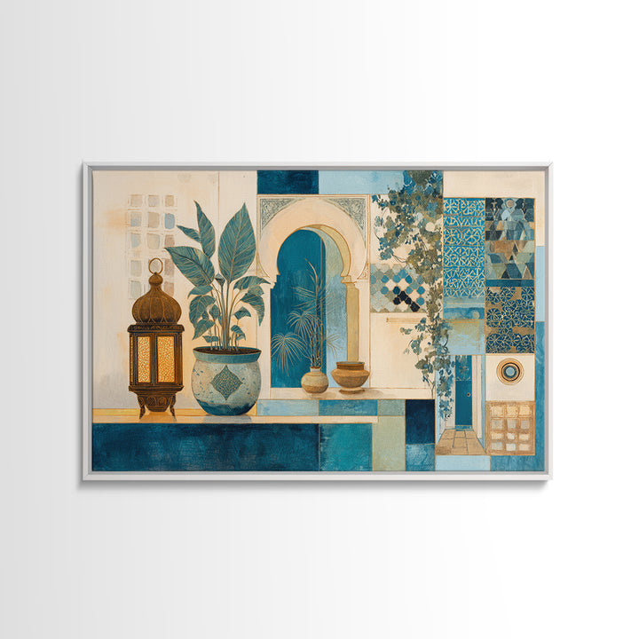 Moroccan Influenced Lantern Canvas Print, Mediterranean Art, Modern Wall Art, Living Room Decor, Oil Painting, Azure, MAR-3x2-61