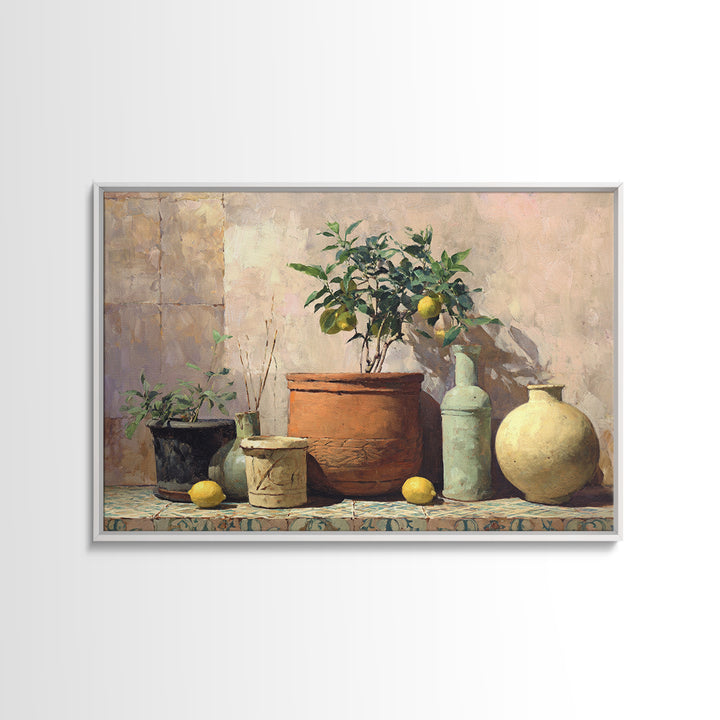 Citrus Tree in Clay Pot Canvas Print, Mediterranean Art, Digital Print, Living Room Decor, Fine Art, Azure, Coastal Decor, MAR-3x2-62