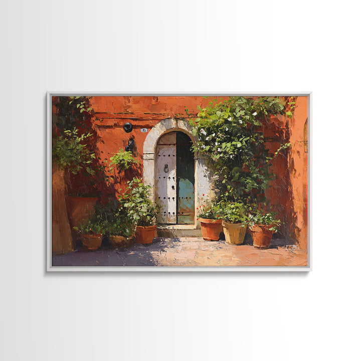 Sunlit Courtyard Doorway Framed Canvas Print, Mediterranean Art, Contemporary Art, Living Room Decor, Oil Painting, Azure, MAR-3x2-63