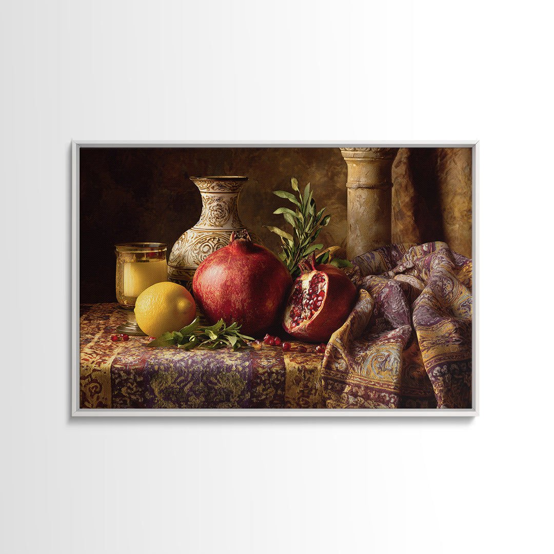 Pomegranate Still Life Framed Canvas Print, Mediterranean Art, Digital Print, Living Room Decor, Watercolor Art, Azure, MAR-3x2-71