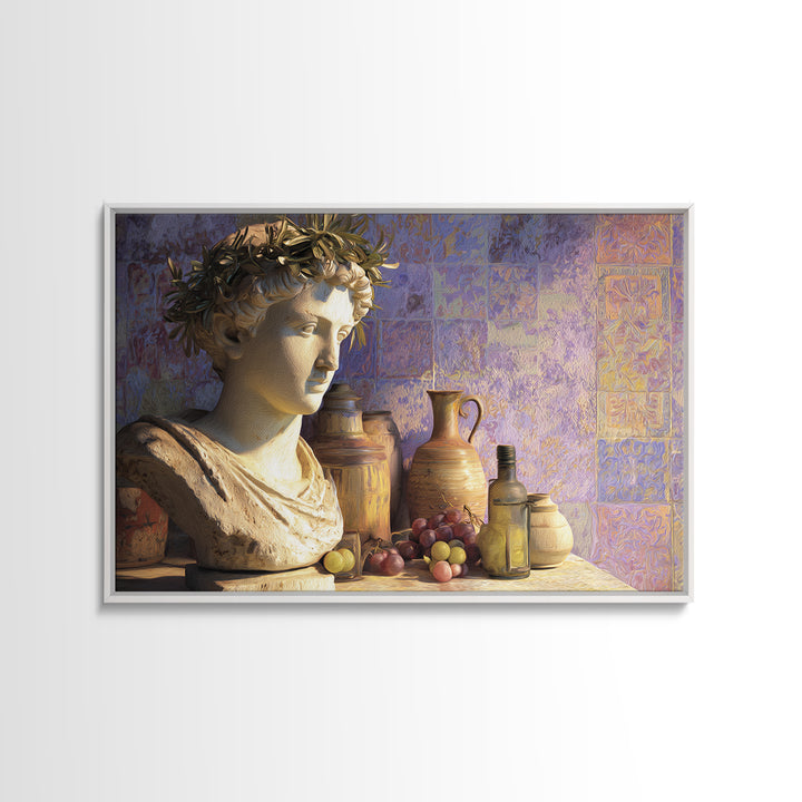 Roman Statue Bust Framed Canvas Print, Mediterranean Art, Farmhouse Decor, Living Room Decor, Oil Painting, Azure, MAR-3x2-74