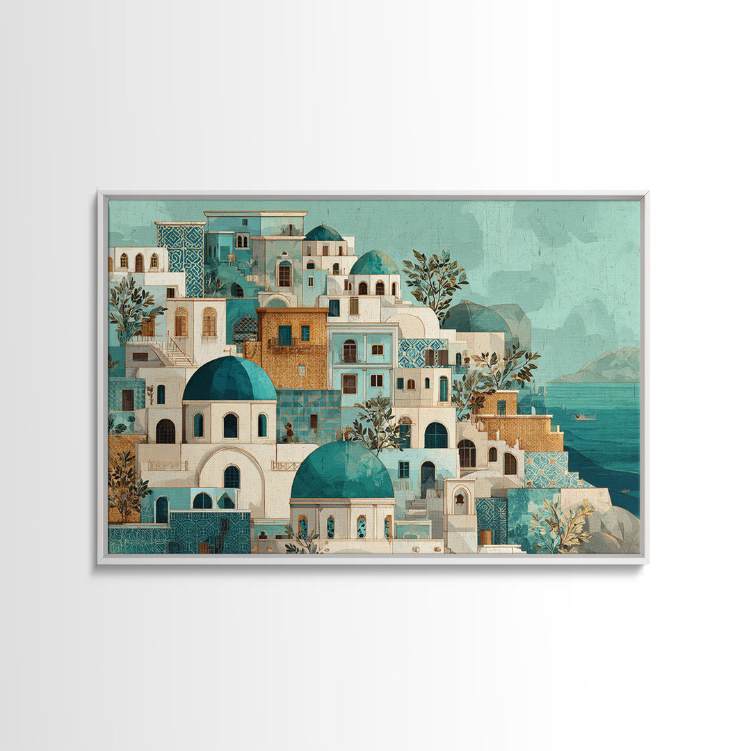 Greek Island White Buildings Above Blue Sea Framed Canvas Print, Mediterranean Art, Coastal Art, Living Room Decor, Azure, MAR-3x2-77