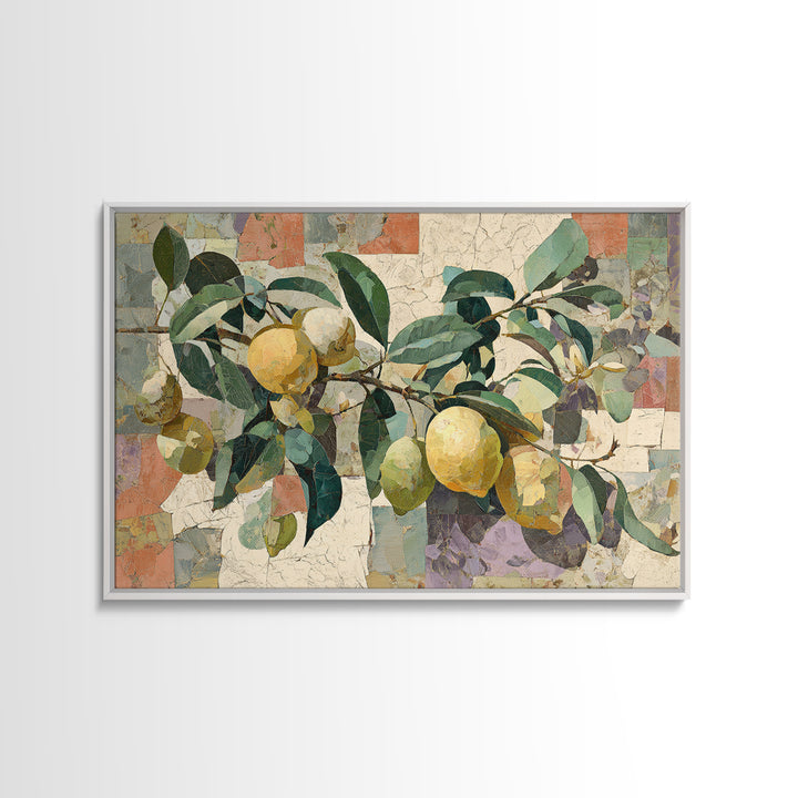 Olive Branch and Lemons on Terracotta Ground Canvas Print, Mediterranean Art, Coastal Wall Art, Living Room Decor, Azure, MAR-3x2-78