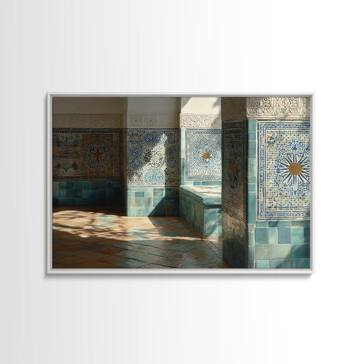 Blue and White Tile Pattern Framed Canvas Print, Mediterranean Art, Original Painting, Living Room Decor, Oil Painting, Azure, MAR-3x2-8