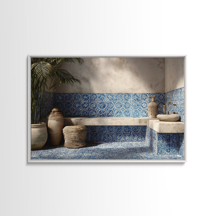 Blue and White Tile Pattern Framed Canvas Print, Mediterranean Art, Landscape Wall Art, Living Room Decor, Watercolor Art, MAR-3x2-80