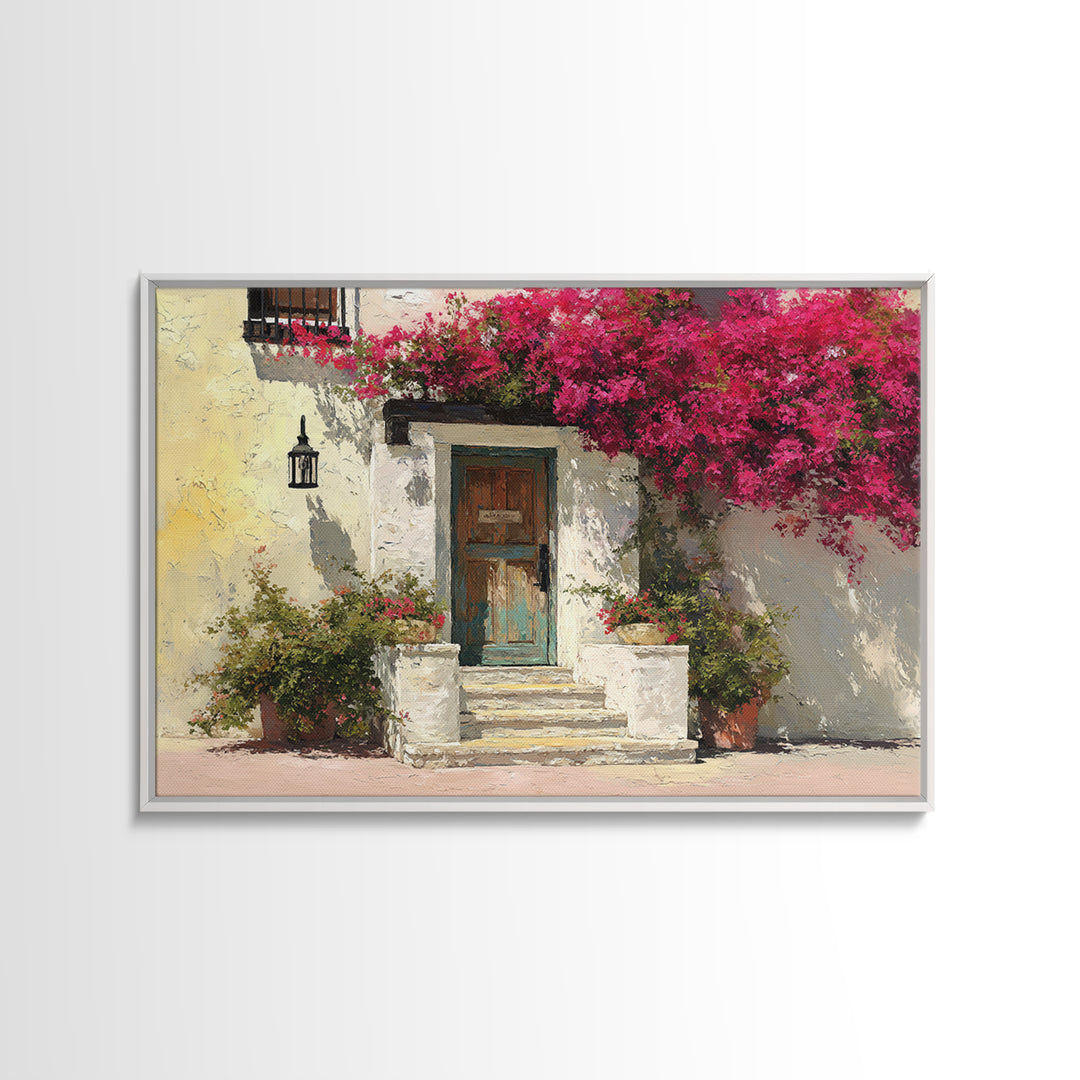 Bougainvillea Cascading over Stone Wall Framed Canvas Print, Mediterranean Art, Watercolor Art, Living Room Decor, Azure, MAR-3x2-81