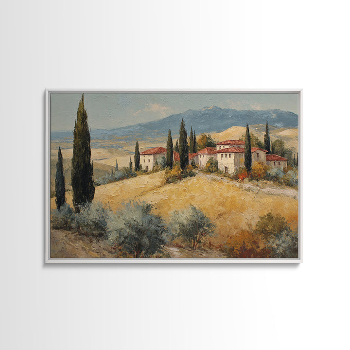Tuscan Cypress Trees and Golden Hillside Canvas Print, Mediterranean Art, Digital Art Prints, Living Room Decor, Azure, MAR-3x2-82