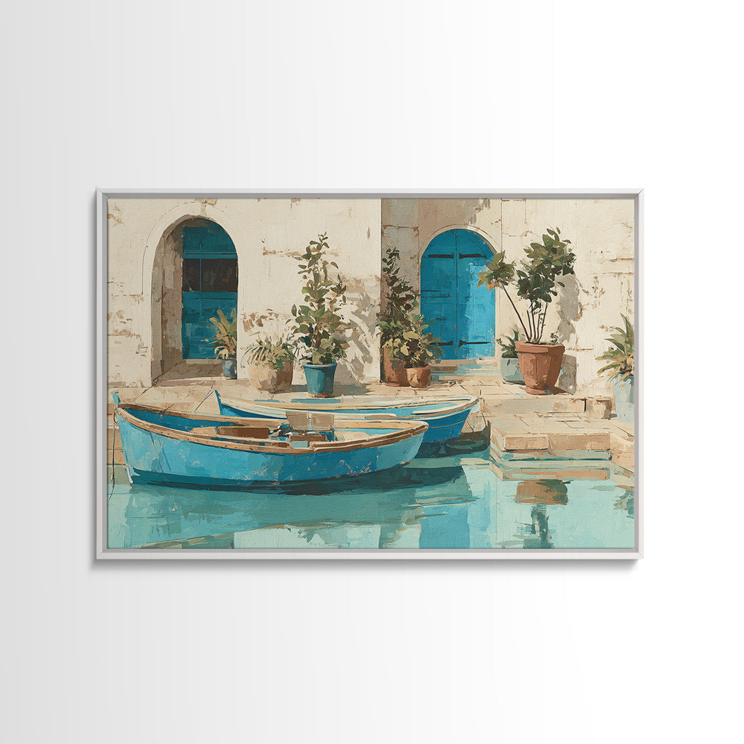 Coastal Fishing Boats Canvas Print, Mediterranean Art, Neutral Decor, Living Room Decor, Fine Art, Azure, Home Decor, MAR-3x2-83