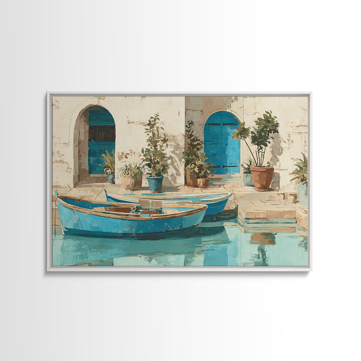 Coastal Fishing Boats Canvas Print, Mediterranean Art, Neutral Decor, Living Room Decor, Fine Art, Azure, Home Decor, MAR-3x2-83