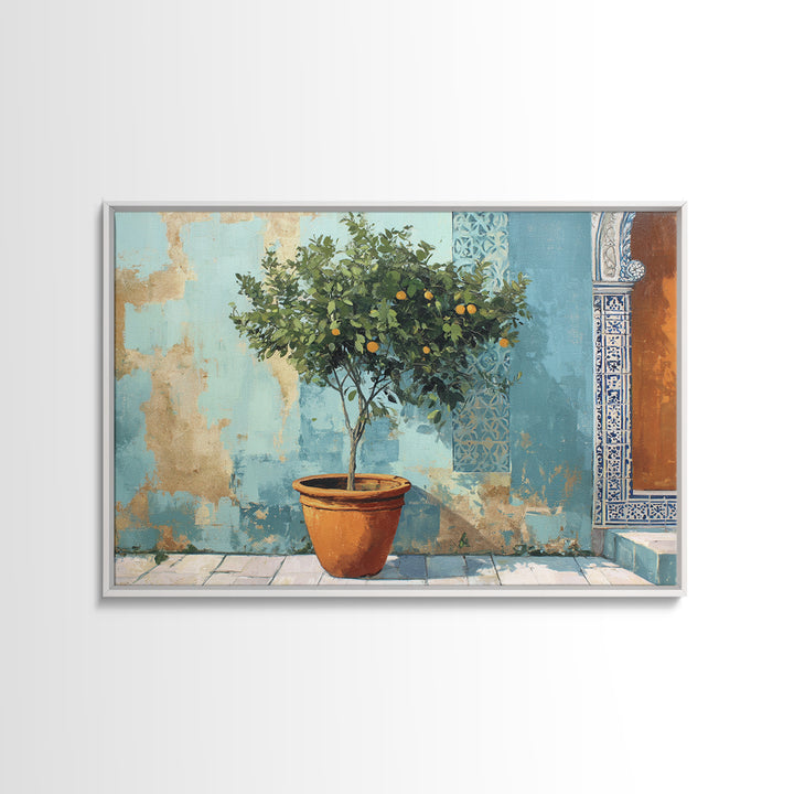 Citrus Tree in Clay Pot Framed Canvas Print, Mediterranean Art, Watercolor Painting, Living Room Decor, Fine Art, Azure, MAR-3x2-86