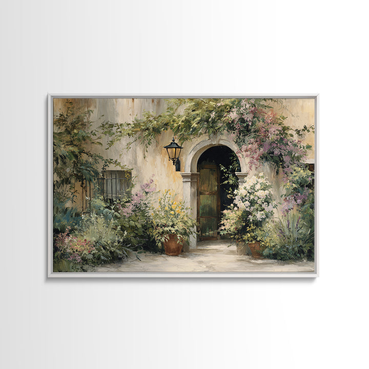 Sunlit Courtyard Doorway Framed Canvas Print, Mediterranean Art, Landscape Painting, Living Room Decor, Fine Art, Azure, MAR-3x2-87