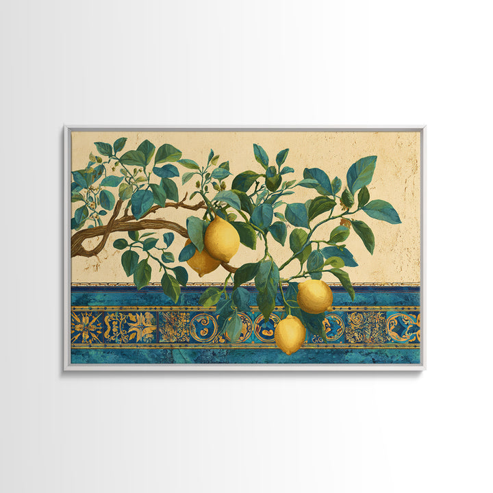 Sicilian Lemon Branch on Ivory Background Canvas Print, Mediterranean Art, Minimalist Wall Art, Living Room Decor, Azure, MAR-3x2-89