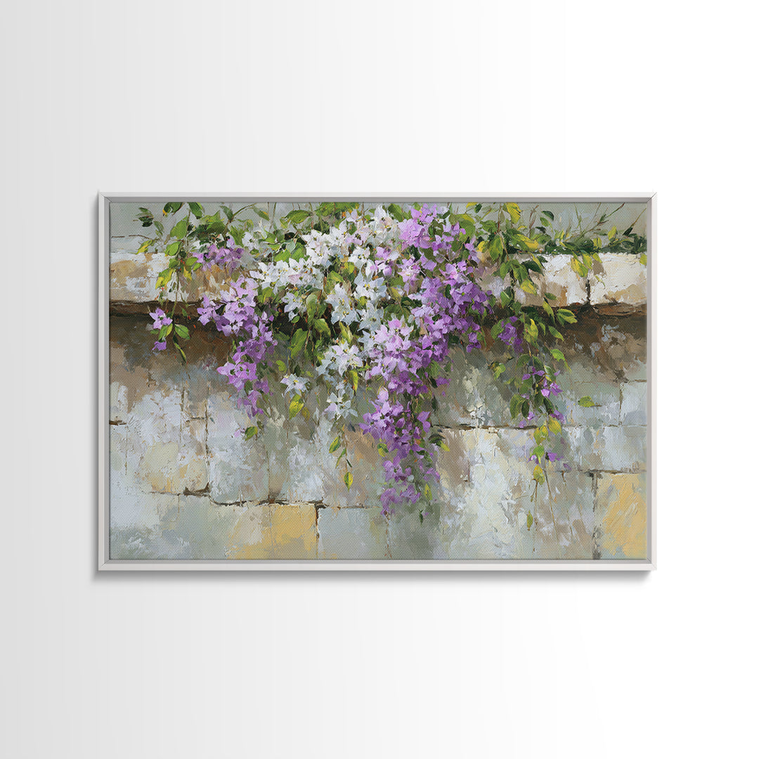 Bougainvillea Cascading over Stone Wall Framed Canvas Print, Mediterranean Art, Digital Print, Living Room Decor, Azure, MAR-3x2-9