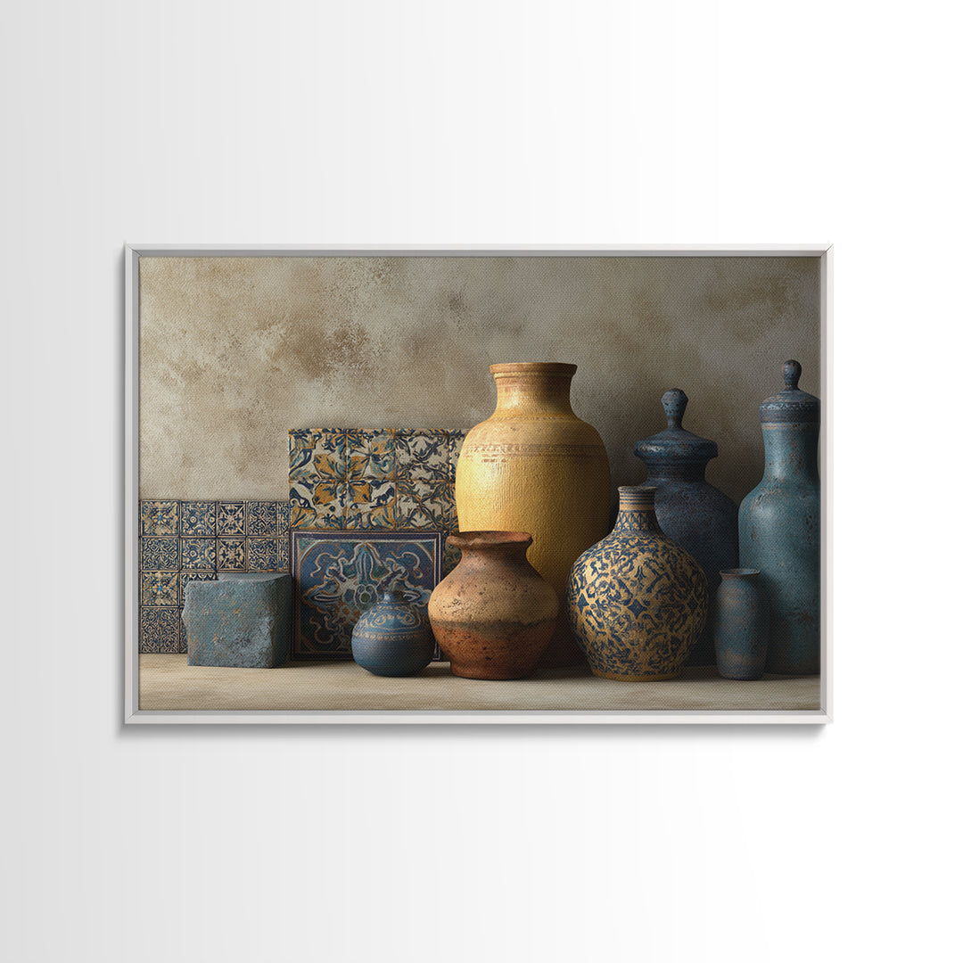 Spanish Tile Ornament Framed Canvas Print, Mediterranean Art, Coastal Wall Decor, Living Room Decor, Fine Art, Azure, MAR-3x2-92