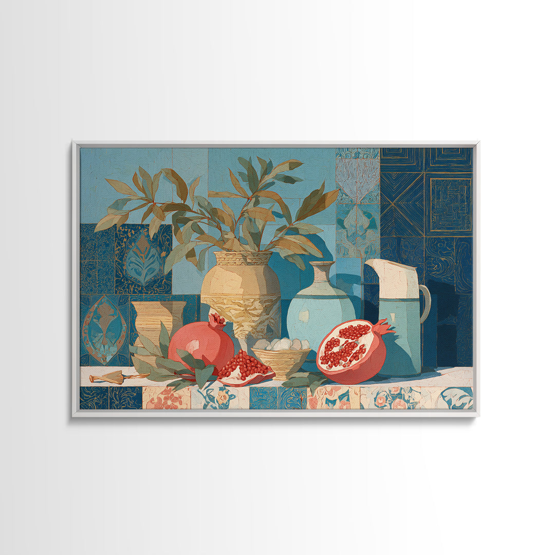 Pomegranate Still Life Framed Canvas Print, Mediterranean Art, Travel Poster, Living Room Decor, Fine Art, Azure, MAR-3x2-95