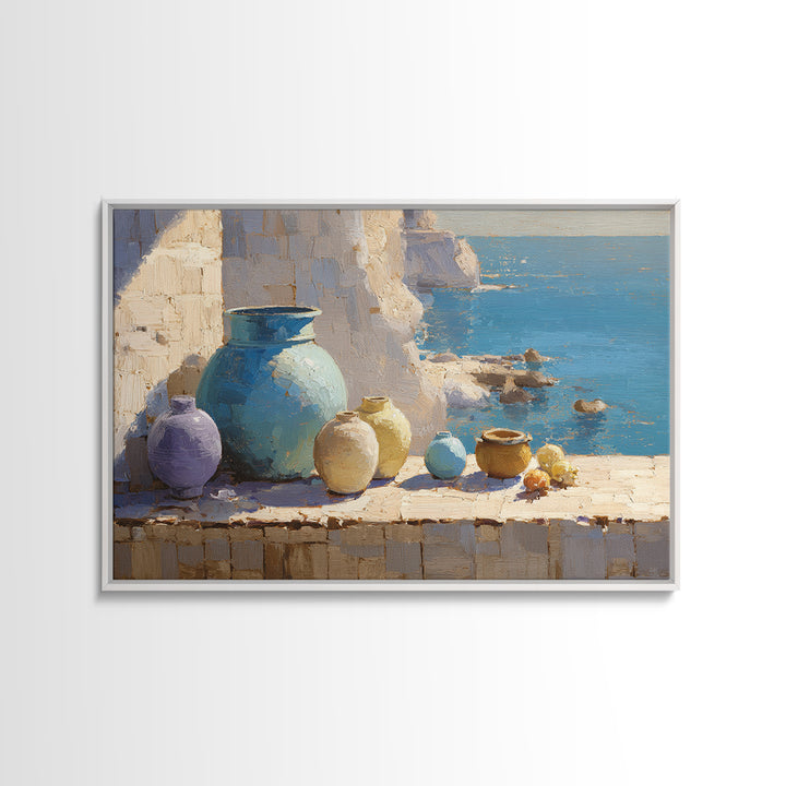 Coastal Cliffs with Sparkling Blue Water Framed Canvas Print, Mediterranean Art, Living Room Art, Living Room Decor, Azure, MAR-3x2-96