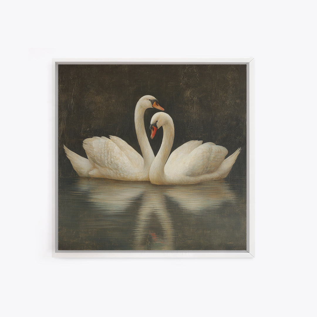 Romantic Swan Pair on Dark Water Canvas Print, Master Bedroom, Farmhouse Wall Decor, Bedroom Decor, Oil Painting, Sanctuary, MAS-1x1-15