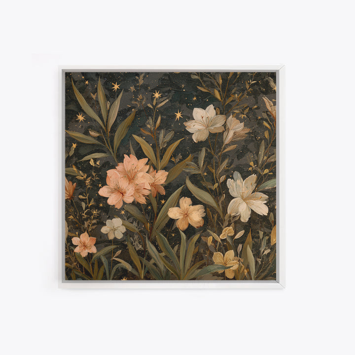 Night Garden with Pale Flowers and Stars Canvas Print, Master Bedroom, Farmhouse Decor, Bedroom Decor, Fine Art, Sanctuary, MAS-1x1-23