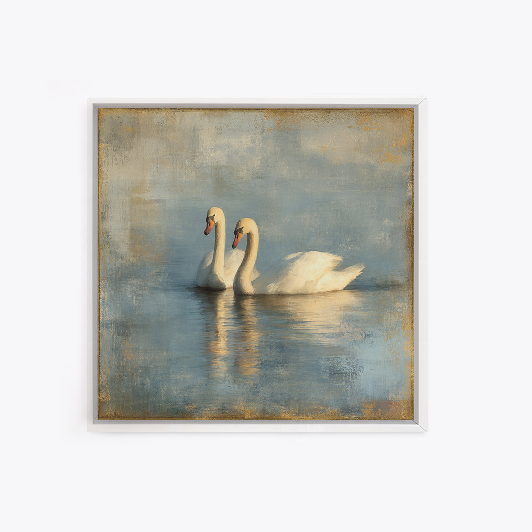Romantic Swan Pair on Dark Water Framed Canvas Print, Master Bedroom, Living Room Prints, Bedroom Decor, Fine Art, Sanctuary, MAS-1x1-39