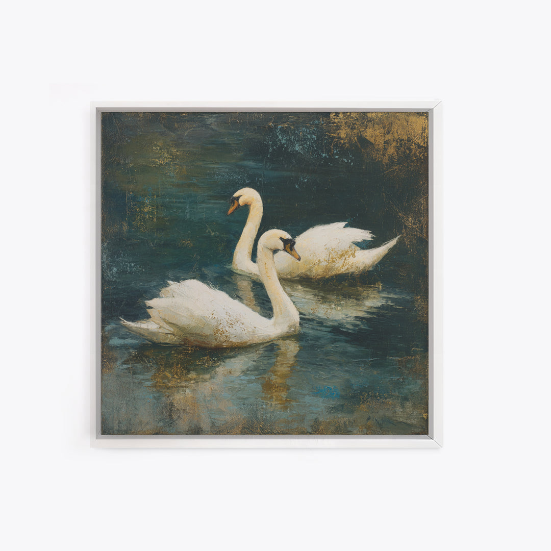 Romantic Swan Pair on Dark Water Framed Canvas Print, Master Bedroom, Neutral Decor, Bedroom Decor, Fine Art, Sanctuary, MAS-1x1-63
