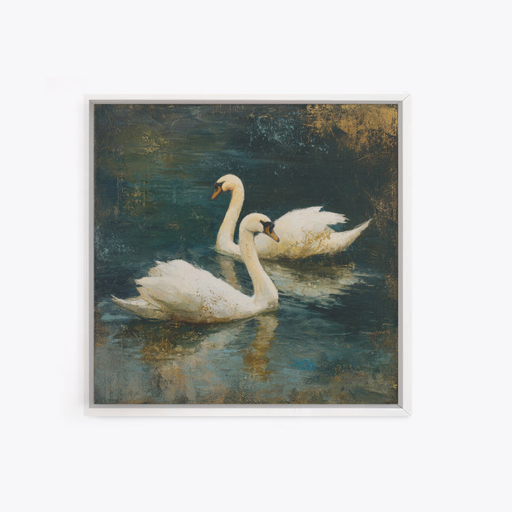 Romantic Swan Pair on Dark Water Framed Canvas Print, Master Bedroom, Neutral Decor, Bedroom Decor, Fine Art, Sanctuary, MAS-1x1-63