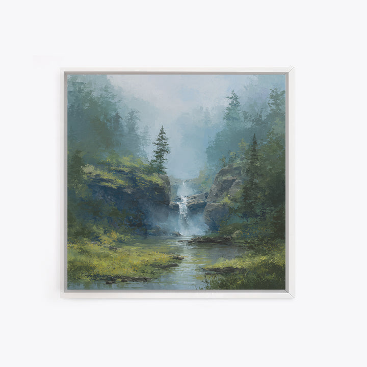 Peaceful Waterfall in Misty Green Forest Framed Canvas Print, Master Bedroom, Modern Decor, Bedroom Decor, Fine Art, Sanctuary, MAS-1x1-67