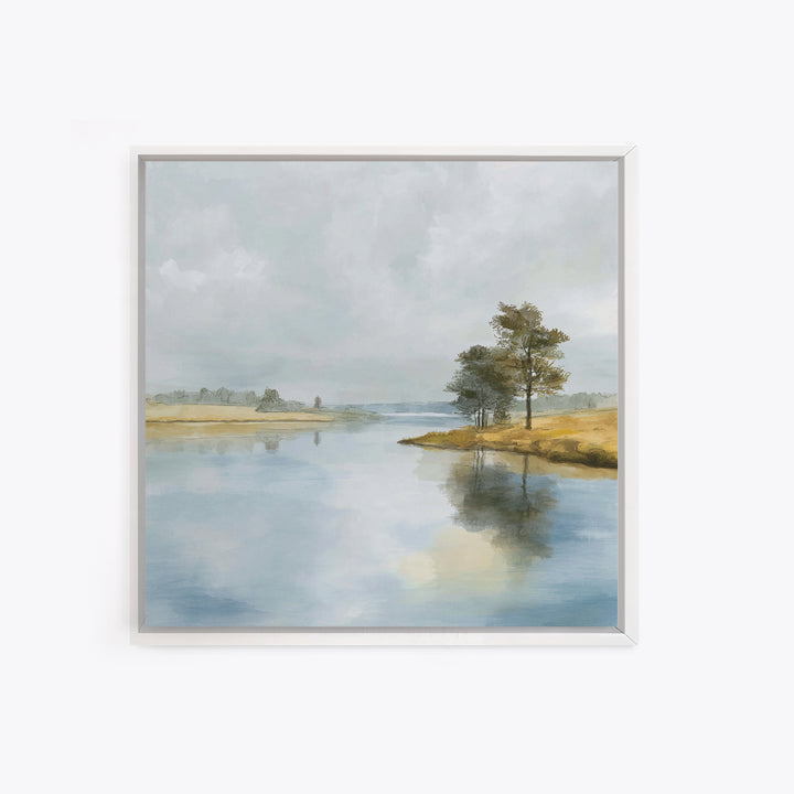 Serene Lake with Pale Morning Reflection Framed Canvas Print, Master Bedroom, Bedroom Wall Art, Bedroom Decor, Oil Painting, MAS-1x1-7