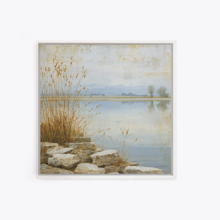 Serene Lake with Pale Morning Reflection Framed Canvas Print, Master Bedroom, Boho Decor, Bedroom Decor, Fine Art, Sanctuary, MAS-1x1-79