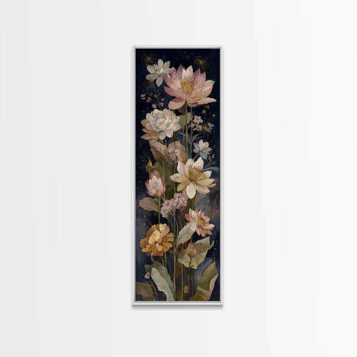 Night Garden with Pale Flowers and Stars Canvas Print, Master Bedroom, Minimalist Wall Art, Bedroom Decor, Fine Art, Sanctuary, MAS-1x3-11
