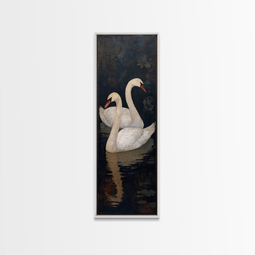 Romantic Swan Pair on Dark Water Framed Canvas Print, Master Bedroom, Wall Decal, Bedroom Decor, Watercolor Art, Sanctuary, MAS-1x3-3
