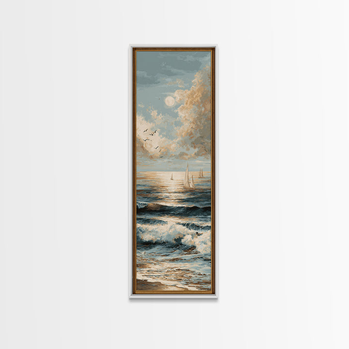 Elegant Moonlit Ocean Horizon Canvas Print, Master Bedroom, Minimalist Decor, Bedroom Decor, Oil Painting, Sanctuary, MAS-1x3-37
