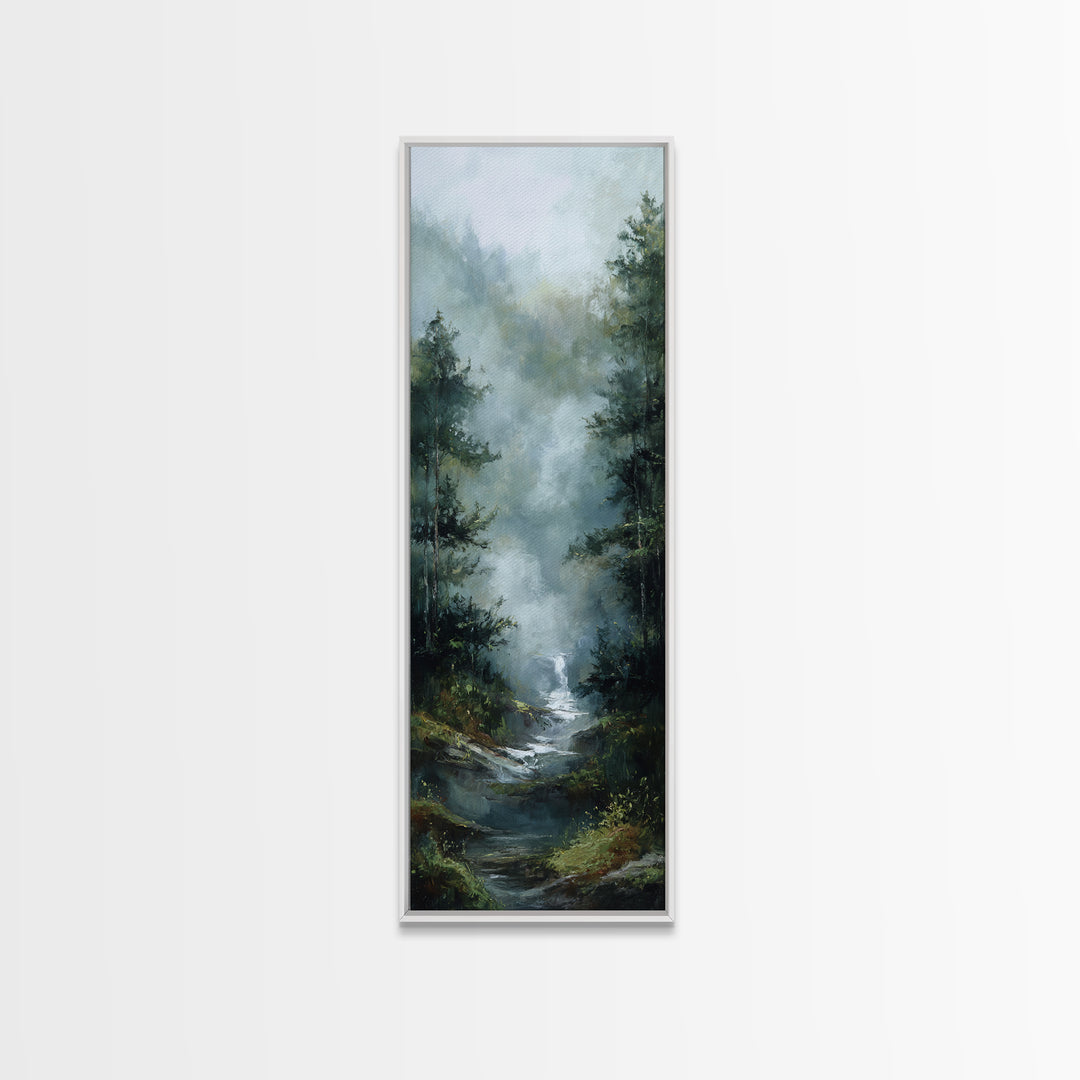 Peaceful Waterfall in Misty Green Forest Canvas Print, Master Bedroom, Wall Decor Bedroom, Bedroom Decor, Fine Art, Sanctuary, MAS-1x3-55