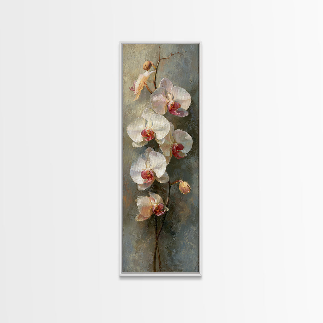 White Orchids Against Warm Gray Background Framed Canvas Print, Master Bedroom, Wall Art, Bedroom Decor, Oil Painting, MAS-1x3-69
