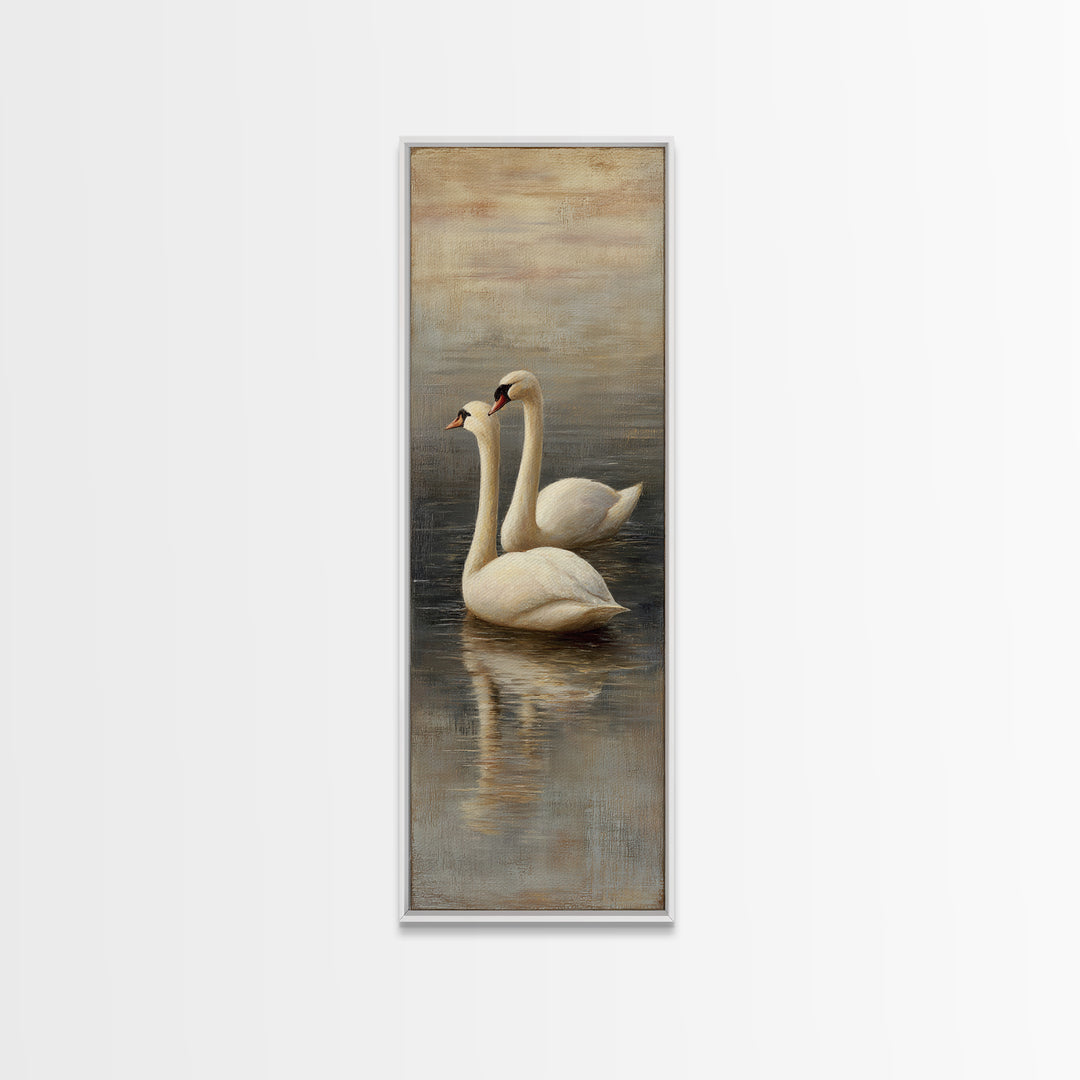 Romantic Swan Pair on Dark Water Framed Canvas Print, Master Bedroom, Neutral Decor, Bedroom Decor, Fine Art, Sanctuary, MAS-1x3-75