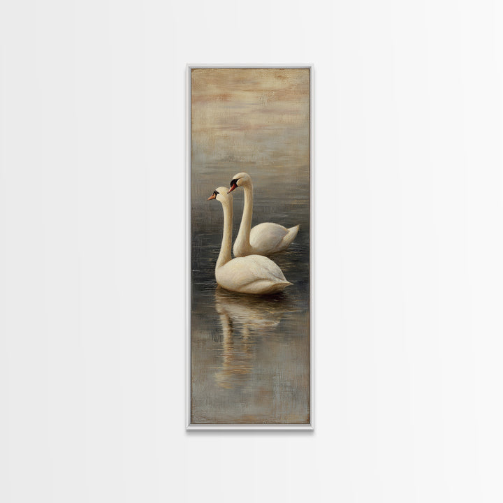 Romantic Swan Pair on Dark Water Framed Canvas Print, Master Bedroom, Neutral Decor, Bedroom Decor, Fine Art, Sanctuary, MAS-1x3-75