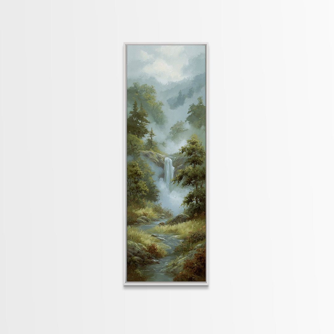 Peaceful Waterfall in Misty Green Forest Canvas Print, Master Bedroom, Above Bed Wall Decor, Bedroom Decor, Sanctuary, MAS-1x3-79
